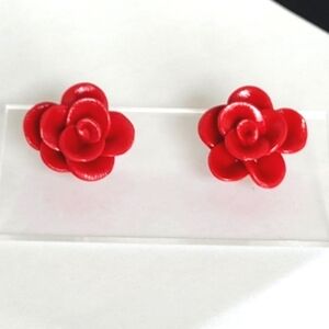 Adorable Handmade Clay Red Rose Flower Floral Chunky Stud Earrings